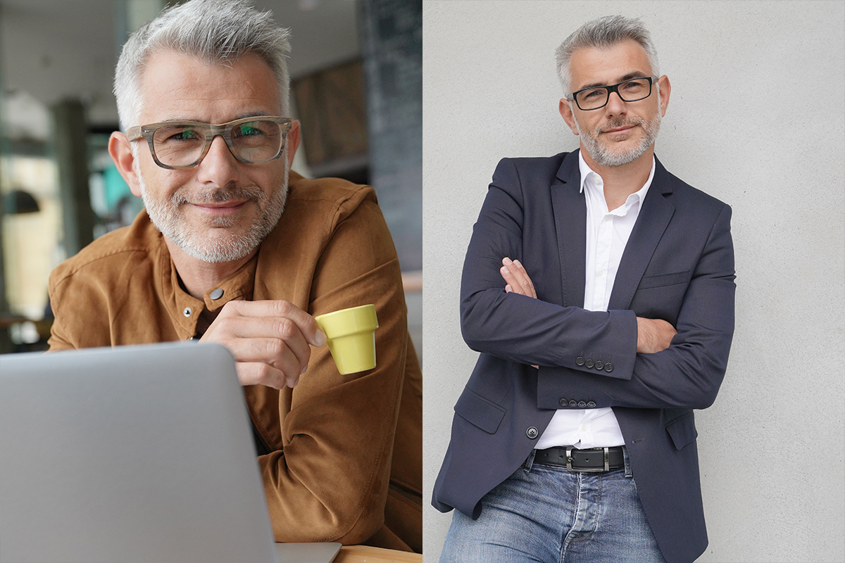 Two images of the same middle aged man wearing different pairs of glasses